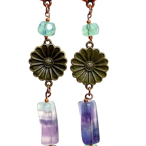 Rainbow Fluorite Flower Statement Copper Earrings - Picture 4 of 5
